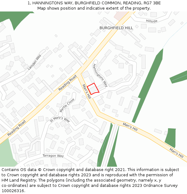 1, HANNINGTONS WAY, BURGHFIELD COMMON, READING, RG7 3BE: Location map and indicative extent of plot