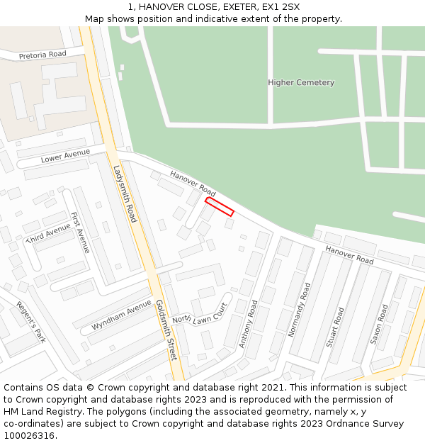 1, HANOVER CLOSE, EXETER, EX1 2SX: Location map and indicative extent of plot