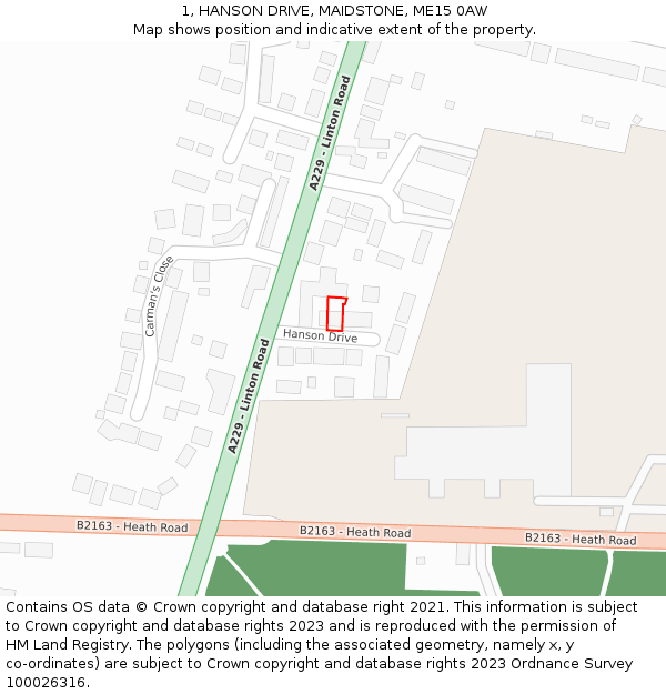 1, HANSON DRIVE, MAIDSTONE, ME15 0AW: Location map and indicative extent of plot