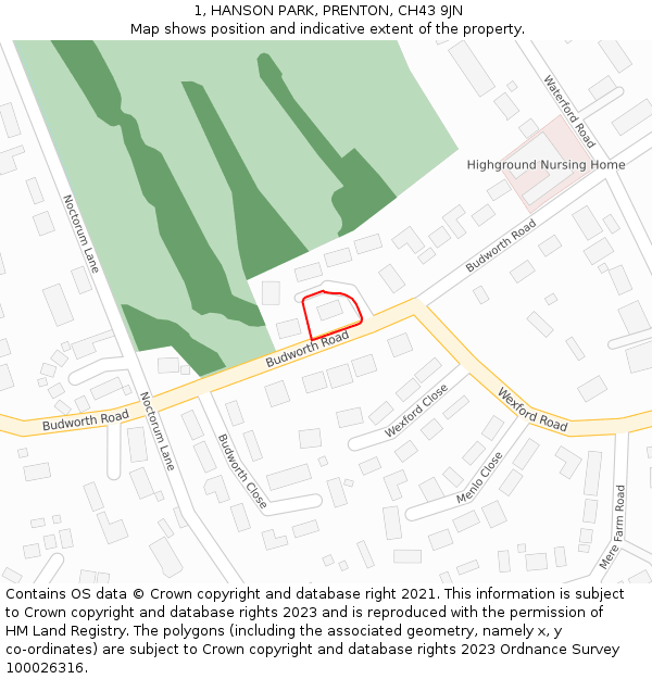 1, HANSON PARK, PRENTON, CH43 9JN: Location map and indicative extent of plot