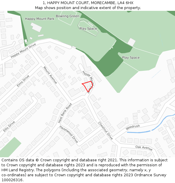 1, HAPPY MOUNT COURT, MORECAMBE, LA4 6HX: Location map and indicative extent of plot