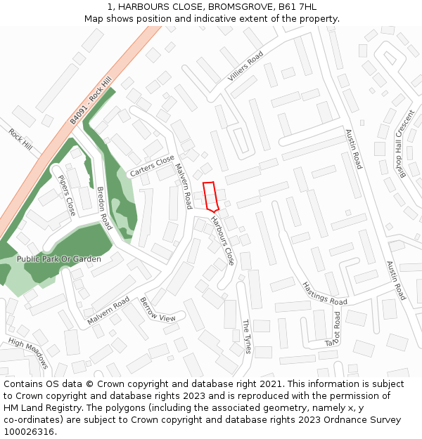 1, HARBOURS CLOSE, BROMSGROVE, B61 7HL: Location map and indicative extent of plot