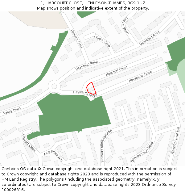 1, HARCOURT CLOSE, HENLEY-ON-THAMES, RG9 1UZ: Location map and indicative extent of plot