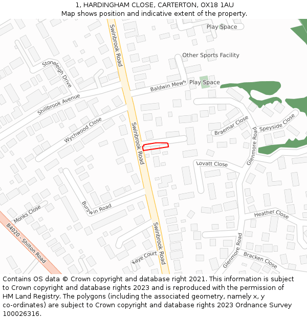 1, HARDINGHAM CLOSE, CARTERTON, OX18 1AU: Location map and indicative extent of plot
