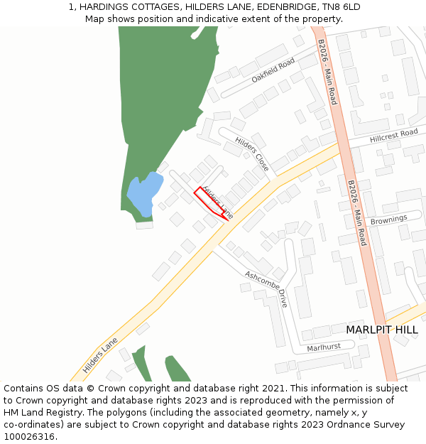1, HARDINGS COTTAGES, HILDERS LANE, EDENBRIDGE, TN8 6LD: Location map and indicative extent of plot