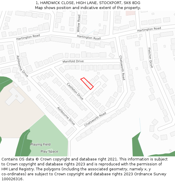 1, HARDWICK CLOSE, HIGH LANE, STOCKPORT, SK6 8DG: Location map and indicative extent of plot