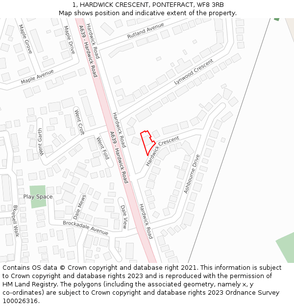 1, HARDWICK CRESCENT, PONTEFRACT, WF8 3RB: Location map and indicative extent of plot