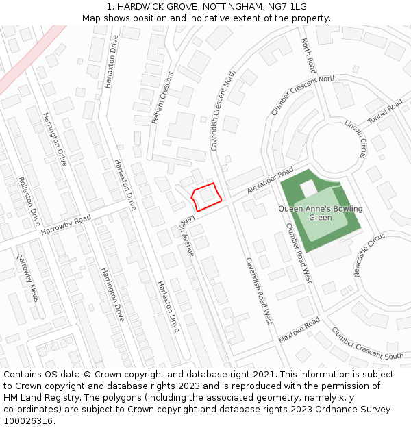 1, HARDWICK GROVE, NOTTINGHAM, NG7 1LG: Location map and indicative extent of plot