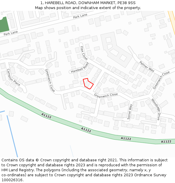 1, HAREBELL ROAD, DOWNHAM MARKET, PE38 9SS: Location map and indicative extent of plot