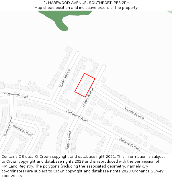 1, HAREWOOD AVENUE, SOUTHPORT, PR8 2PH: Location map and indicative extent of plot