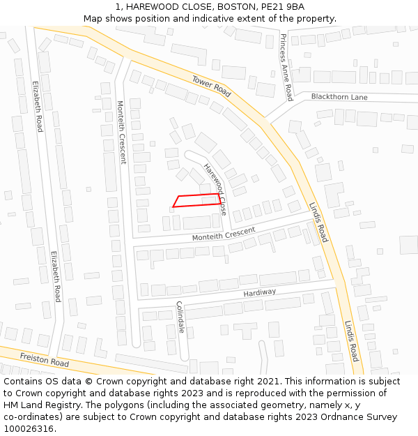 1, HAREWOOD CLOSE, BOSTON, PE21 9BA: Location map and indicative extent of plot