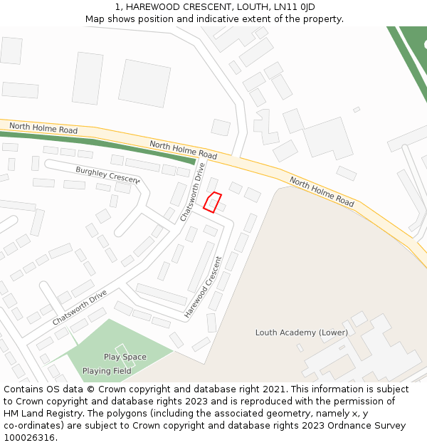 1, HAREWOOD CRESCENT, LOUTH, LN11 0JD: Location map and indicative extent of plot