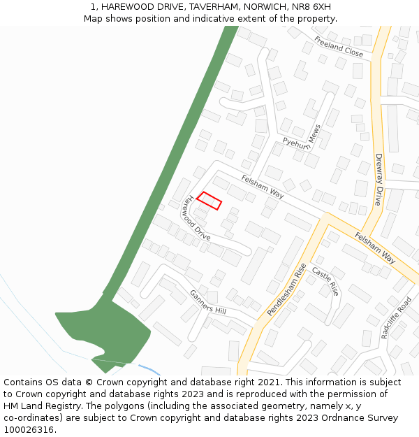 1, HAREWOOD DRIVE, TAVERHAM, NORWICH, NR8 6XH: Location map and indicative extent of plot