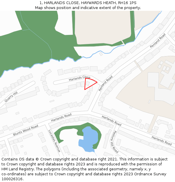 1, HARLANDS CLOSE, HAYWARDS HEATH, RH16 1PS: Location map and indicative extent of plot