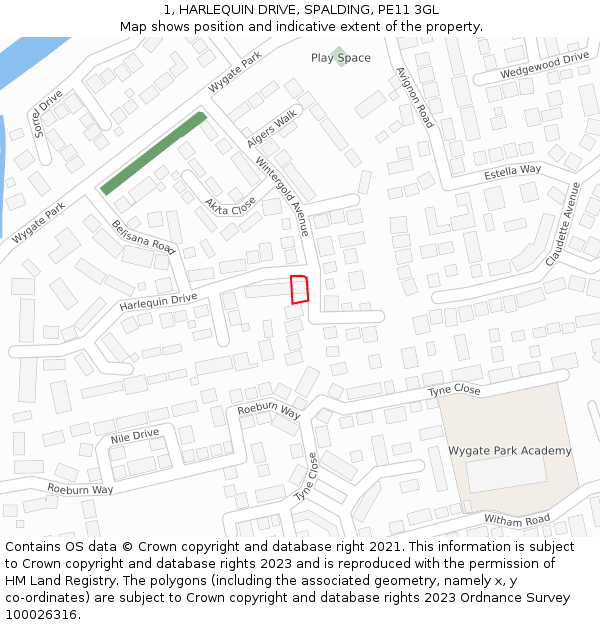 1, HARLEQUIN DRIVE, SPALDING, PE11 3GL: Location map and indicative extent of plot