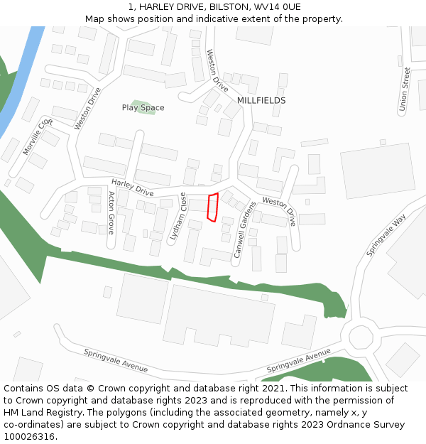 1, HARLEY DRIVE, BILSTON, WV14 0UE: Location map and indicative extent of plot