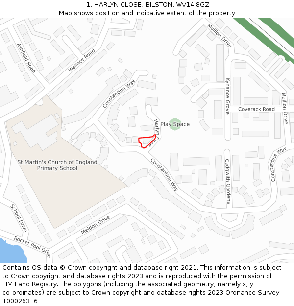 1, HARLYN CLOSE, BILSTON, WV14 8GZ: Location map and indicative extent of plot