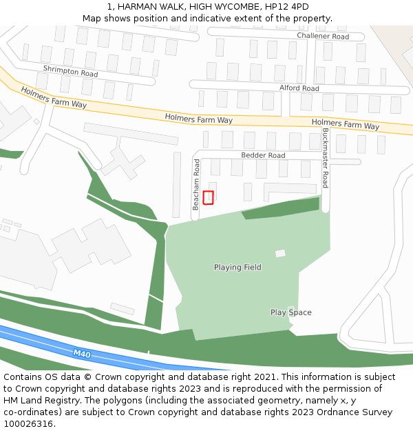 1, HARMAN WALK, HIGH WYCOMBE, HP12 4PD: Location map and indicative extent of plot