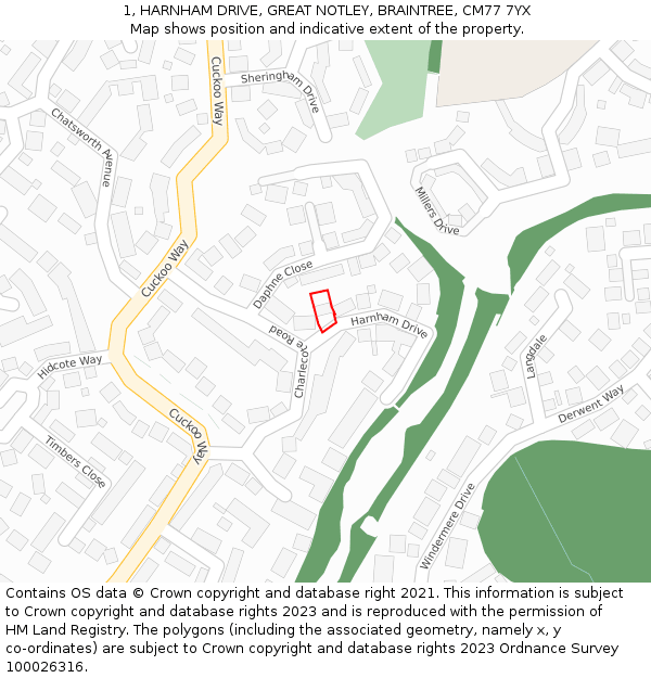 1, HARNHAM DRIVE, GREAT NOTLEY, BRAINTREE, CM77 7YX: Location map and indicative extent of plot