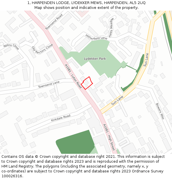 1, HARPENDEN LODGE, LYDEKKER MEWS, HARPENDEN, AL5 2UQ: Location map and indicative extent of plot