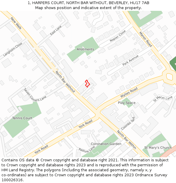 1, HARPERS COURT, NORTH BAR WITHOUT, BEVERLEY, HU17 7AB: Location map and indicative extent of plot