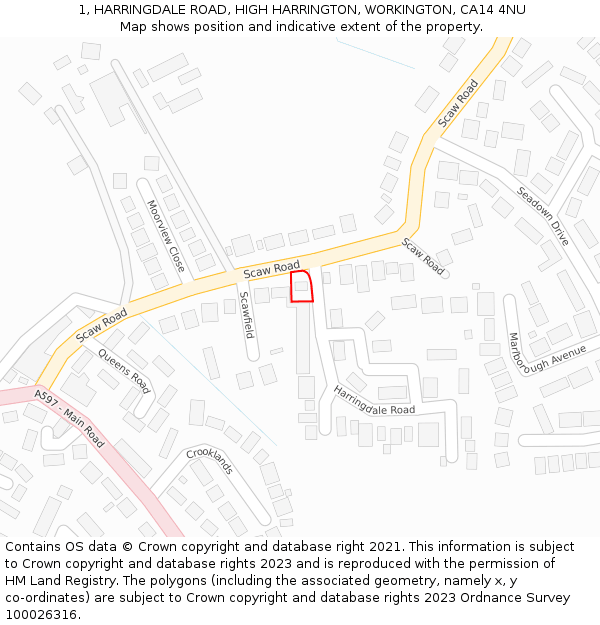 1, HARRINGDALE ROAD, HIGH HARRINGTON, WORKINGTON, CA14 4NU: Location map and indicative extent of plot