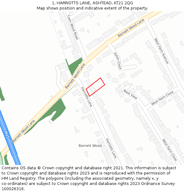 1, HARRIOTTS LANE, ASHTEAD, KT21 2QG: Location map and indicative extent of plot