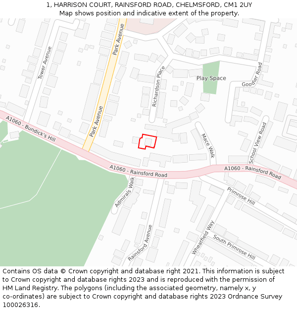 1, HARRISON COURT, RAINSFORD ROAD, CHELMSFORD, CM1 2UY: Location map and indicative extent of plot
