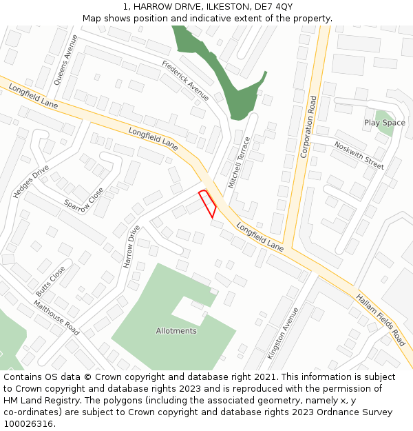 1, HARROW DRIVE, ILKESTON, DE7 4QY: Location map and indicative extent of plot