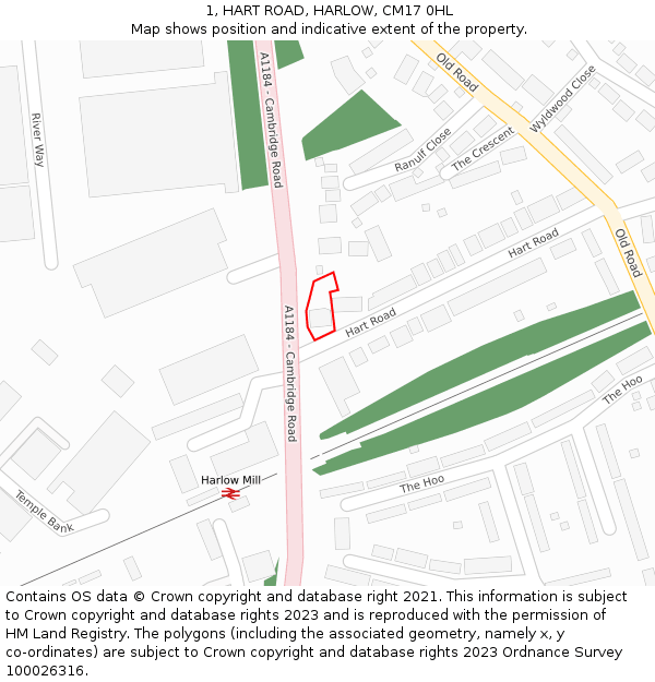 1, HART ROAD, HARLOW, CM17 0HL: Location map and indicative extent of plot