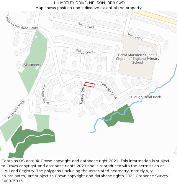 1, HARTLEY DRIVE, NELSON, BB9 0WD: Location map and indicative extent of plot