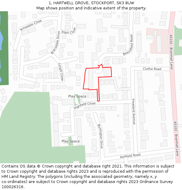 1, HARTWELL GROVE, STOCKPORT, SK3 8UW: Location map and indicative extent of plot
