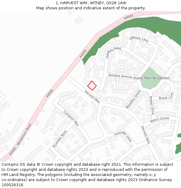 1, HARVEST WAY, WITNEY, OX28 1AW: Location map and indicative extent of plot