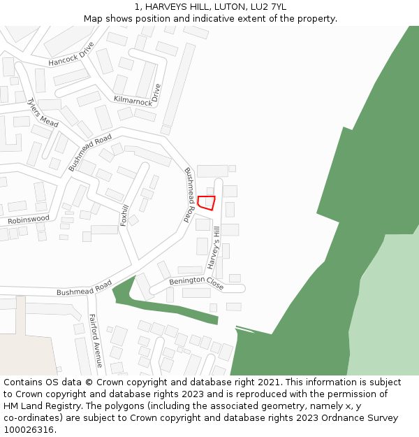 1, HARVEYS HILL, LUTON, LU2 7YL: Location map and indicative extent of plot