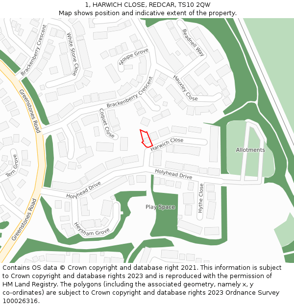 1, HARWICH CLOSE, REDCAR, TS10 2QW: Location map and indicative extent of plot