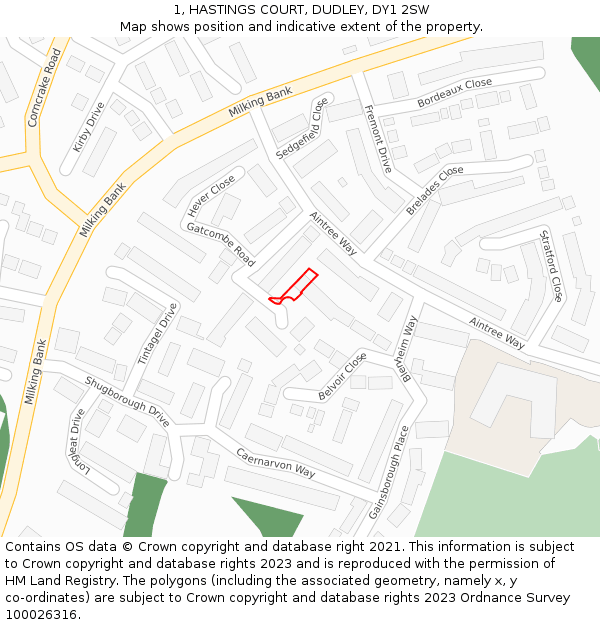 1, HASTINGS COURT, DUDLEY, DY1 2SW: Location map and indicative extent of plot