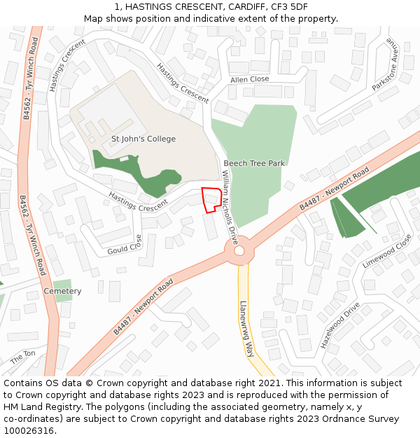 1, HASTINGS CRESCENT, CARDIFF, CF3 5DF: Location map and indicative extent of plot
