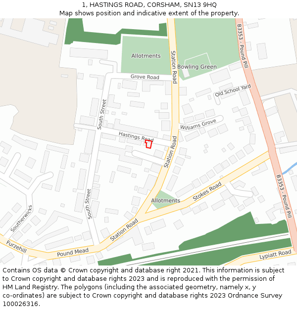 1, HASTINGS ROAD, CORSHAM, SN13 9HQ: Location map and indicative extent of plot