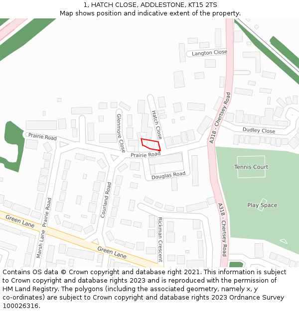 1, HATCH CLOSE, ADDLESTONE, KT15 2TS: Location map and indicative extent of plot