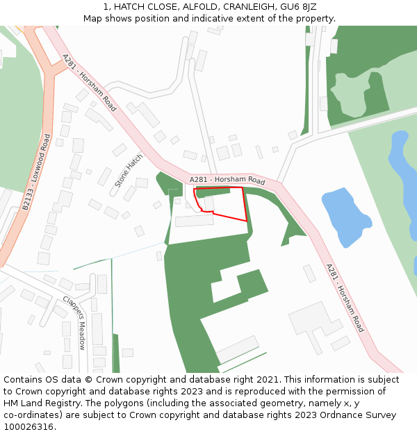 1, HATCH CLOSE, ALFOLD, CRANLEIGH, GU6 8JZ: Location map and indicative extent of plot