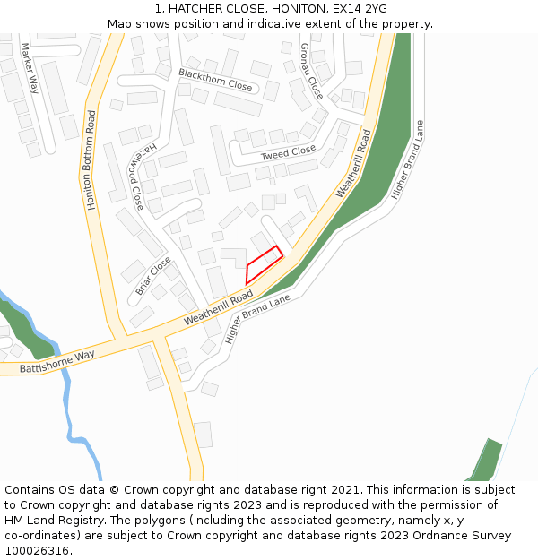 1, HATCHER CLOSE, HONITON, EX14 2YG: Location map and indicative extent of plot