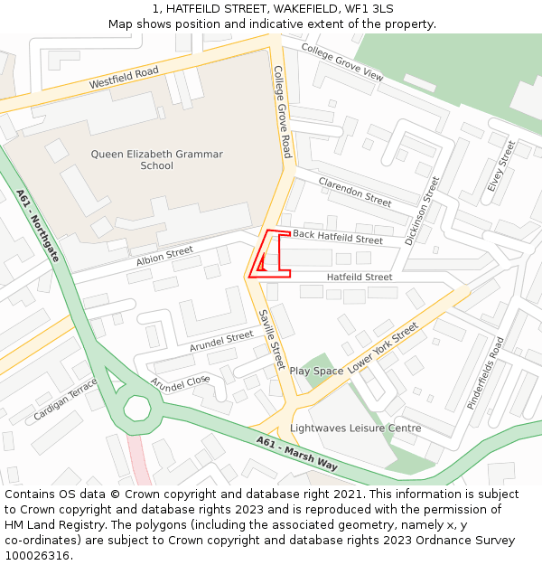 1, HATFEILD STREET, WAKEFIELD, WF1 3LS: Location map and indicative extent of plot