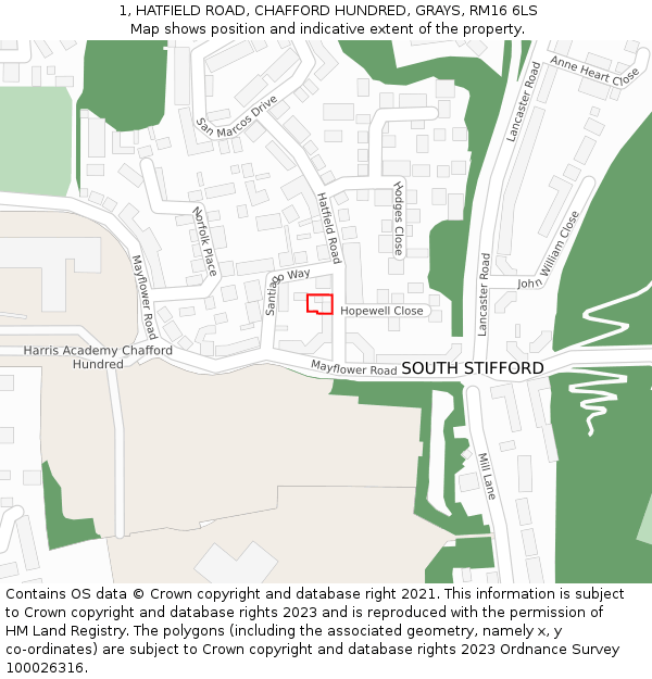 1, HATFIELD ROAD, CHAFFORD HUNDRED, GRAYS, RM16 6LS: Location map and indicative extent of plot