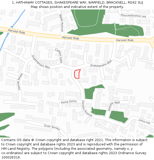 1, HATHAWAY COTTAGES, SHAKESPEARE WAY, WARFIELD, BRACKNELL, RG42 3UJ: Location map and indicative extent of plot