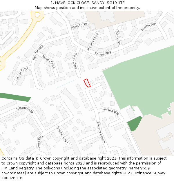 1, HAVELOCK CLOSE, SANDY, SG19 1TE: Location map and indicative extent of plot