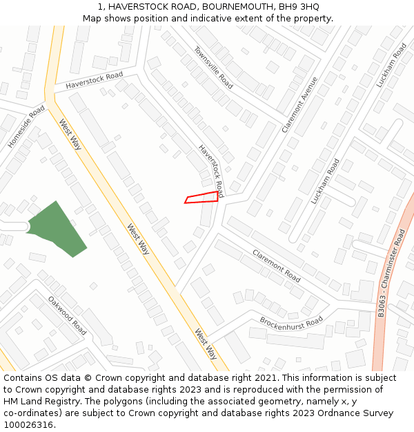 1, HAVERSTOCK ROAD, BOURNEMOUTH, BH9 3HQ: Location map and indicative extent of plot
