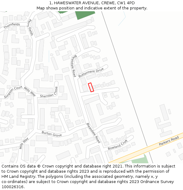 1, HAWESWATER AVENUE, CREWE, CW1 4PD: Location map and indicative extent of plot