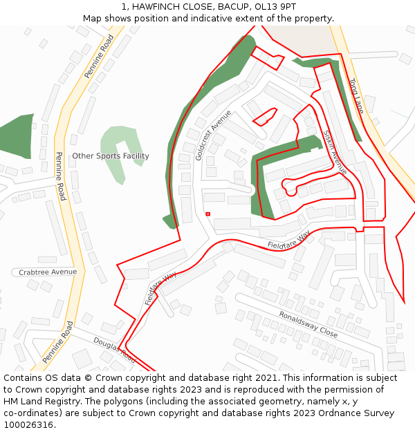 1, HAWFINCH CLOSE, BACUP, OL13 9PT: Location map and indicative extent of plot