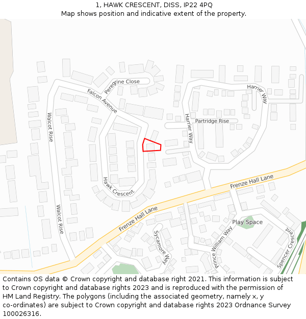 1, HAWK CRESCENT, DISS, IP22 4PQ: Location map and indicative extent of plot