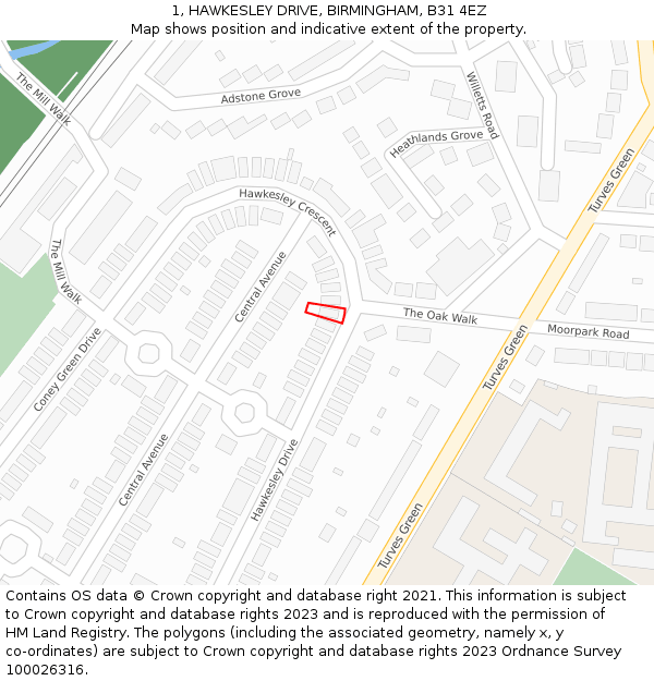 1, HAWKESLEY DRIVE, BIRMINGHAM, B31 4EZ: Location map and indicative extent of plot